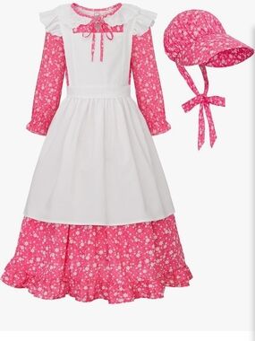 Girls' Pink Floral Pioneer Costume with White Apron and Bonnet